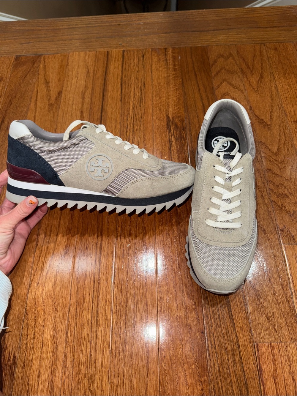 Tory Burch Beige, Gray and Navy Platform Runner Sneakers